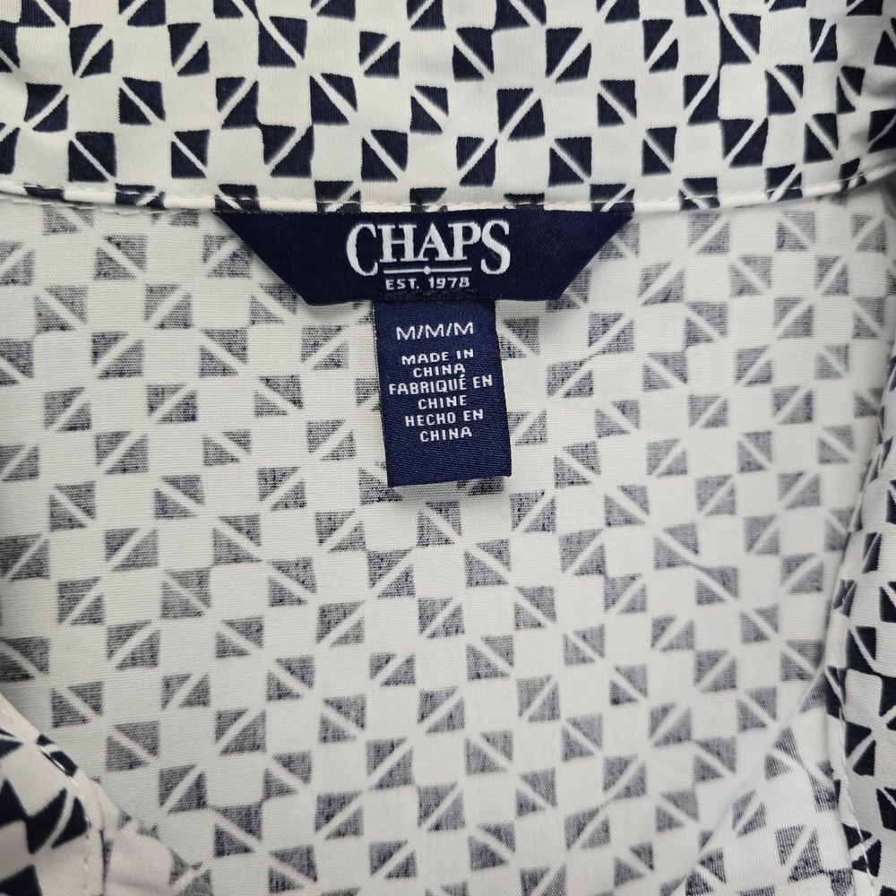 CHAPS Women's Geometric Shirt Dress Tie Waist Ruffle Hem Cotton Black White M - Picture 10 of 16